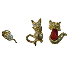 Lot of 3 Cat Mouse Brooches Pin Rhinestones Enamel Gold Tone Cat Lady